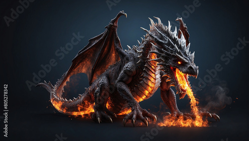 a black dragon with orange wings breathing fire.