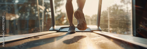 Legs are seen running on a treadmill in a fitness club, with sunlight streaming through the window. photo