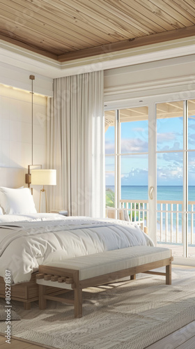 A bright and airy coastal bedroom features a large bed with white linen bedding, a neutral color palette, wooden furniture, and floor-to-ceiling windows overlooking the ocean. © Duka Mer
