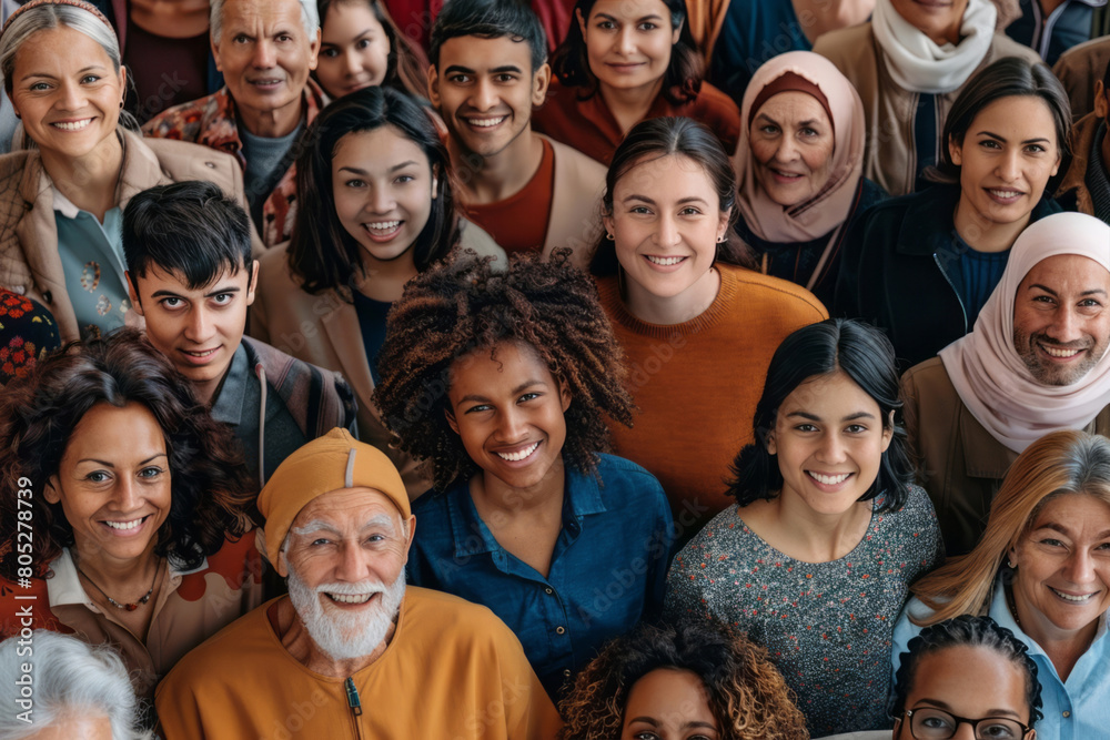 A large, diverse group of people smile and look at the camera in an open space. A large, diverse group of people smile and look at the camera in an open space.