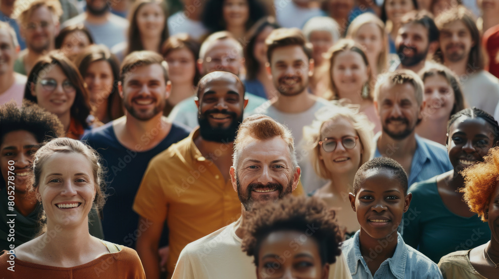 A large, diverse group of people stand together in an open space, smiling and looking at the camera against a blurred background. A large, diverse group of people stand together in an open space, smiling and looking at the camera against a blurred background.
