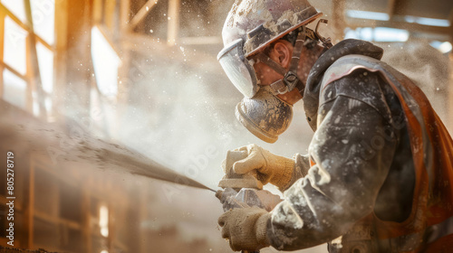 A worker in protective gear sprays concrete with an air spray, generating dust and smoke around him.