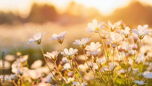 small white flowers in sunlight beautiful summer sunny background selective focus field flowers cerastium banner photo
