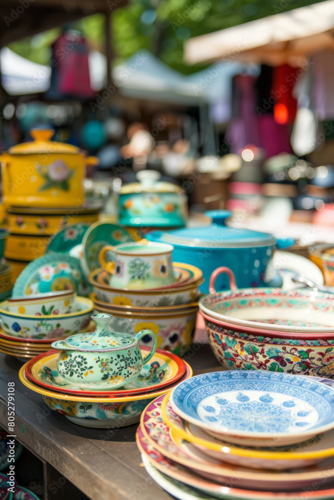 A table at an outdoor garage sale is covered with colorful plates, pots, pans, and other items for sale.
