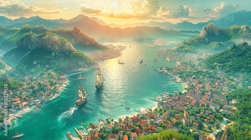 Panoramic View of Montenegro Coastline, Adriatic Sea with Boats and Historic Town, Sunset Seascape photo