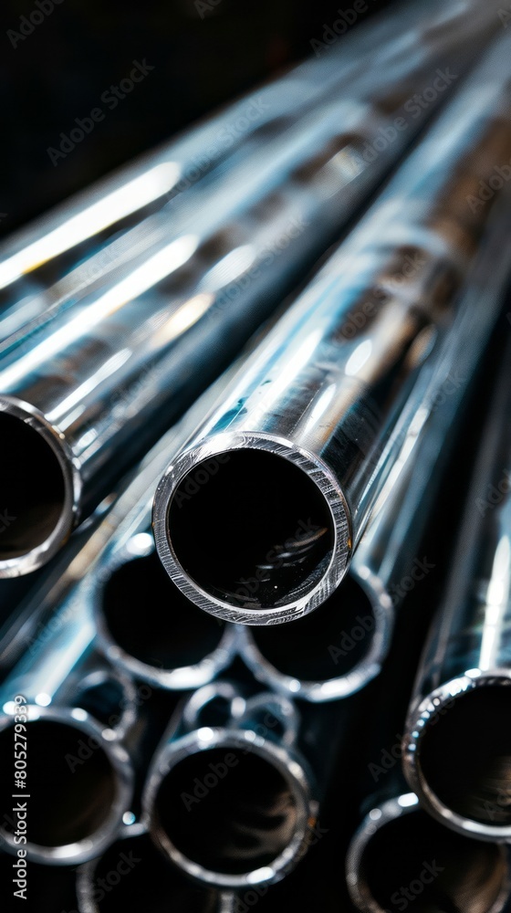 A stack of stainless steel pipes in an industrial setting emphasizes their quality and elegance as they stand side by side against a dark background. A stack of stainless steel pipes in an industrial setting emphasizes their quality and elegance as they stand side by side against a dark background.
