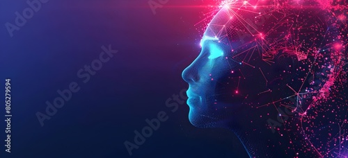 Abstract polygonal human head profile with glowing dots on a dark blue background vector illustration, in the style of artificial intelligence concept design technology and business idea #805279594