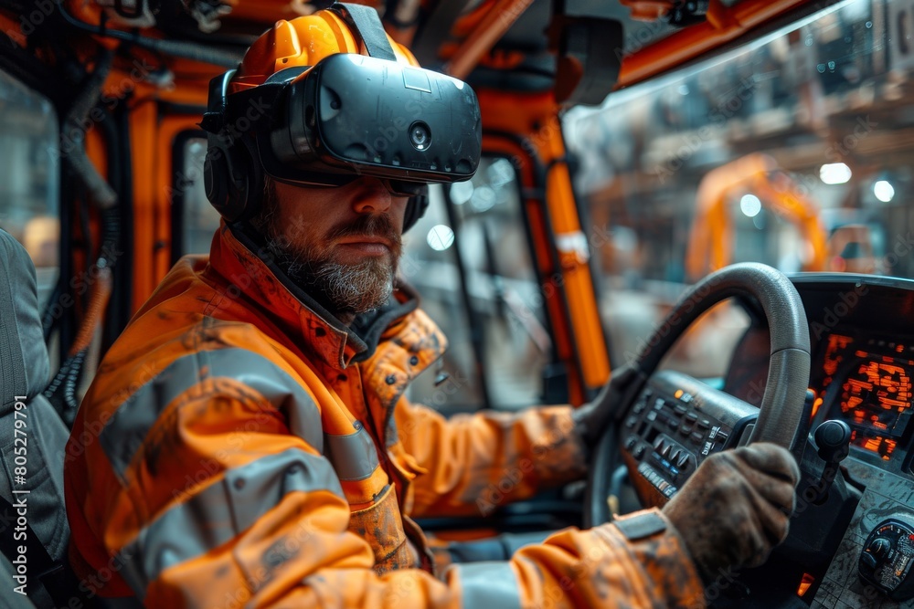 The vibrant cabin of an orange-clad worker operating construction machinery with high-tech controls The vibrant cabin of an orange-clad worker operating construction machinery with high-tech controls