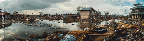 Devastated Community After Natural Disaster A panoramic view of a community heavily impacted by a natural disaster, showcasing widespread destruction and flooded areas with debris. 