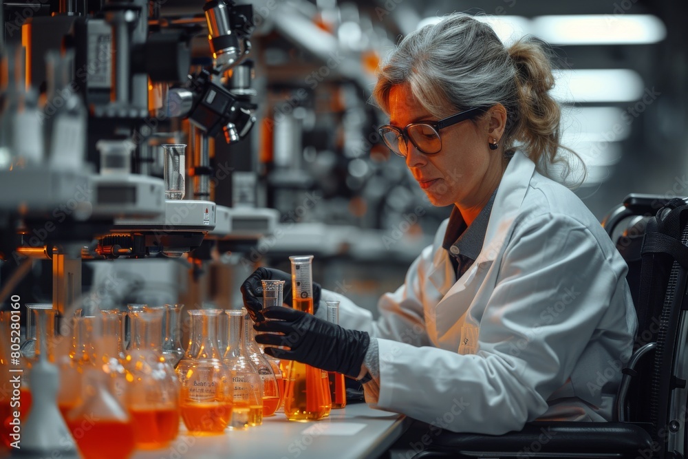 A focused female researcher analyzing a chemical substance in a flask in a modern scientific laboratory setting Essential research concepts are portrayed A focused female researcher analyzing a chemical substance in a flask in a modern scientific laboratory setting Essential research concepts are portrayed