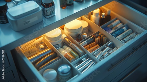 Modern medicine cabinet with organized shelves filled with various medications and healthcare products