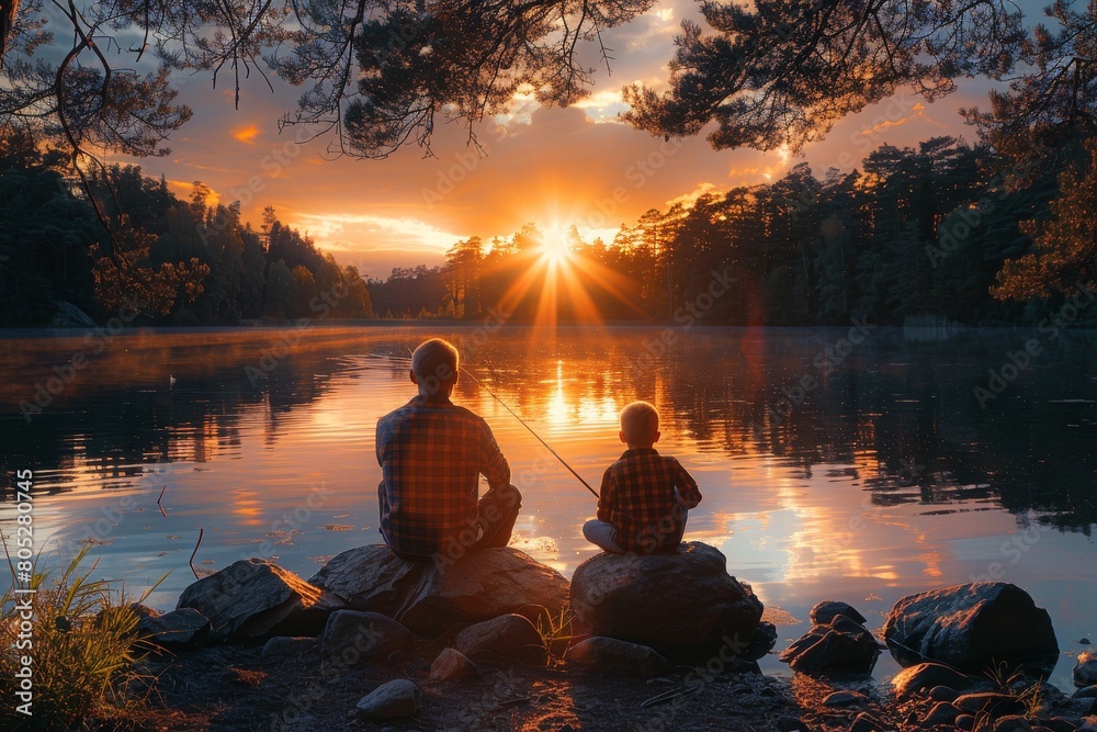 Two figures enjoy time together fishing by a peaceful lake, surrounded by nature's beauty as the sunset casts a golden light Two figures enjoy time together fishing by a peaceful lake, surrounded by nature's beauty as the sunset casts a golden light