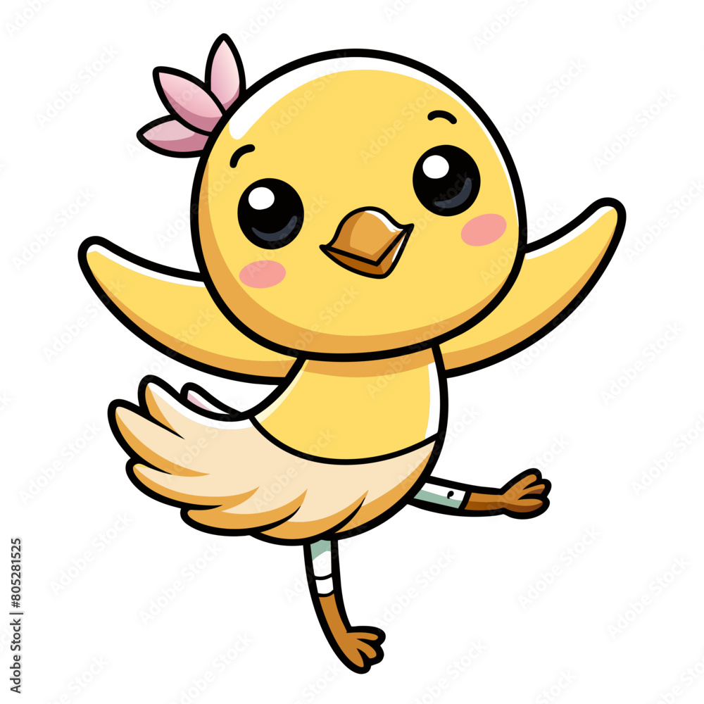 a cute kawaii duck dancing ballet, with clean black outlines, white background