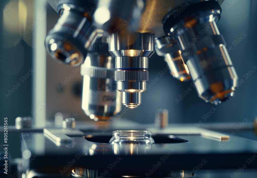 Microscope with metal lens in lab, close-up shot