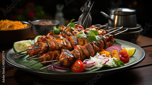 Beautifully Arranged Grilled Meat Skewers in Rice Plate On Blurry Background