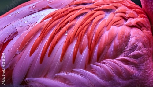 close up view of bright feathers of flamingo with water drops pink violet backgrounds photo