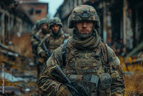 Three soldiers patrol a ruined landscape, looking vigilant and prepared for action, with visible combat gear