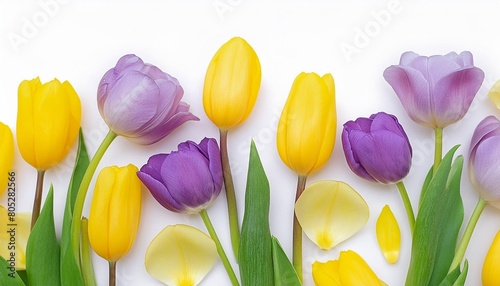 various buds and petals of purple yellow tulip isolated on white background with clipping path spring blossom nature layout beautiful flowers for your design mockup #805282566
