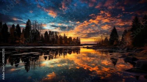 lake sunset with stars