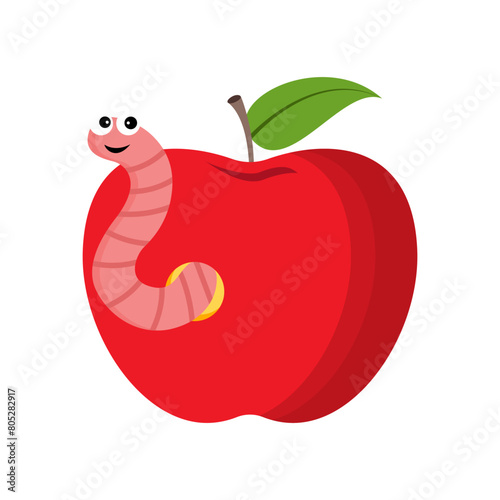 Worm with red apple flat vector design on white background