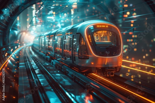 A sleek and futuristic train speeds through a tunnel