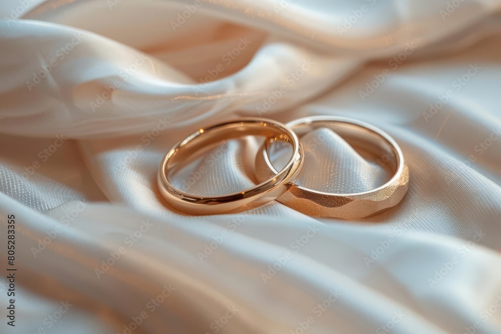 Two gold wedding rings on a white silk background. The rings are simple and elegant, and the silk is soft and luxurious. The image is a symbol of love and commitment. Two gold wedding rings on a white silk background. The rings are simple and elegant, and the silk is soft and luxurious. The image is a symbol of love and commitment.