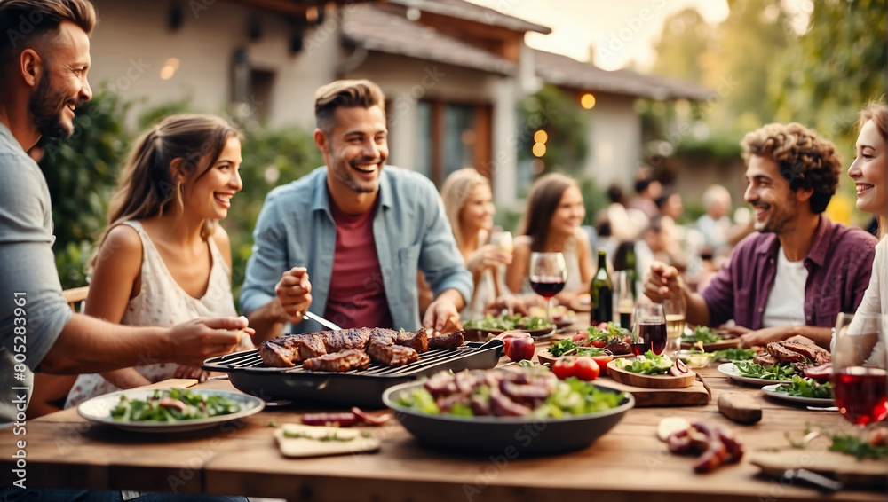 A group of friends are sitting around a table in a backyard, eating and drinking.

