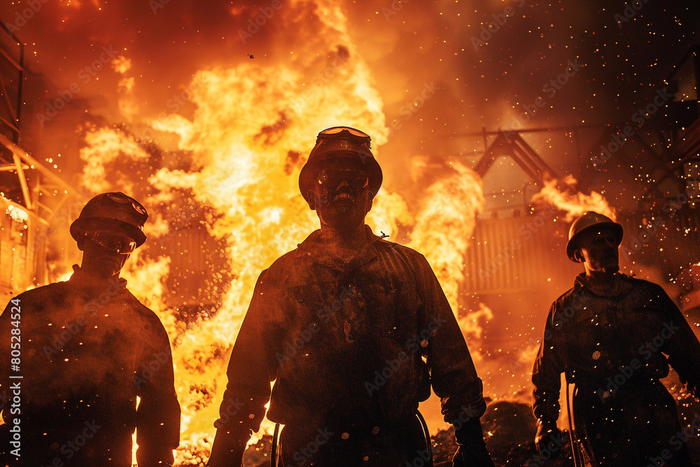 The fiery glow of a blast furnace lighting up the faces of steelworkers, a dramatic depiction of industry at its core 