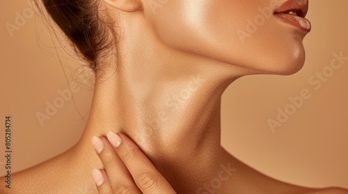 A Woman's Gentle Touch on Her Glowing Neck Against a Brown Background Captures the Essence of Skincare and Anti-Aging Care