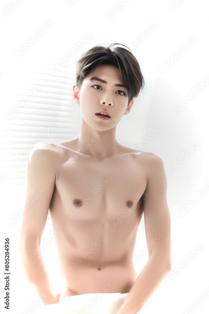 Handsome bare-chested young male sitting on the bed. Handsome bare-chested young male sitting on the bed.