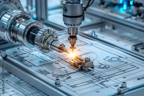 Robotic Arm Assembling a Complex High Tech Device in a Gleaming Precision Manufacturing Setting with Blueprint Inspired Background