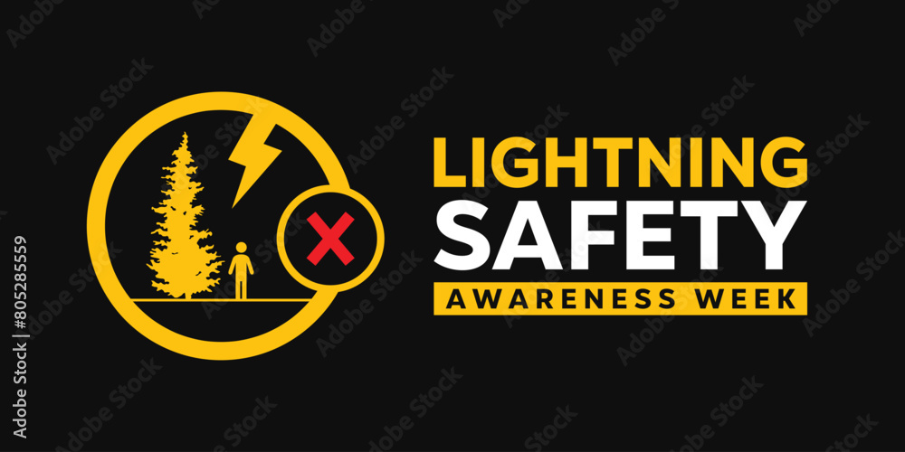 Naklejka premium Lightning Safety Awareness Week. Tree, lightning and more. Great for cards, banners, posters, social media and more. Black background.