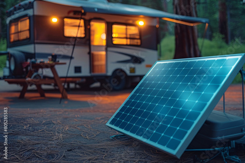 Close-up of a portable solar panel on the forest floor, providing sustainable energy for a recreational vehicle parked at a serene campsite during twilight