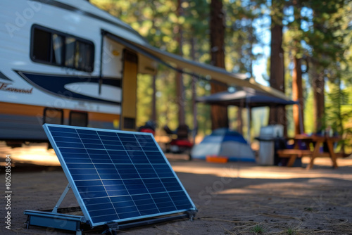 Portable solar panel in the foreground, with a blurred camping area and rv in the background, demonstrating sustainable energy use in a serene forest setting photo