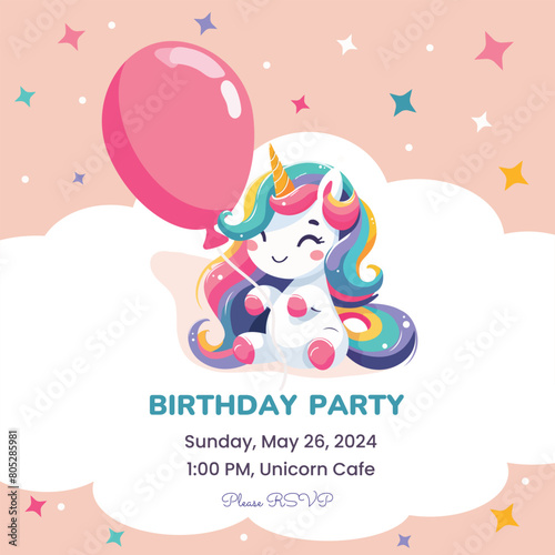 Birthday party invitation template with cute unicorn. Vector illustration.