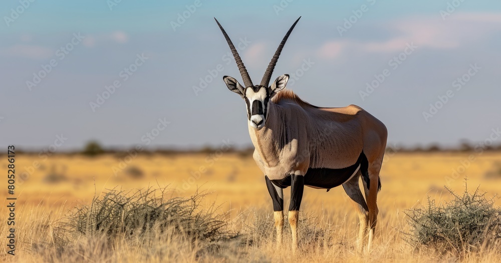 Fototapeta premium Oryx in the savannah, standing tall with its long antlers and black patches on its chest