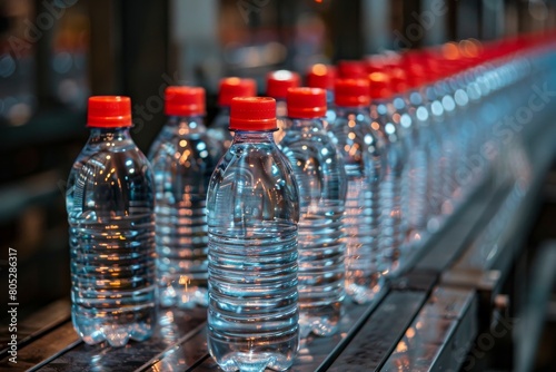 This crisp image captures plastic water bottles with red caps on an automated assembly line in a beverage production facility