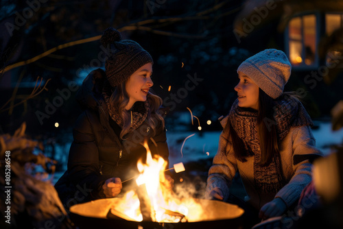 Intimate scene captures a mother and daughter sharing stories and smiles beside a crackling fire pit on a cold winter evening  basking in the glow and warmth