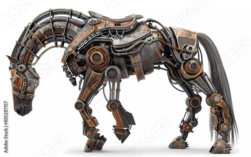 Render of a 3D illustration of a metal steampunk horse, on a white background 