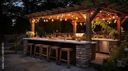 wood outdoor bar with lights