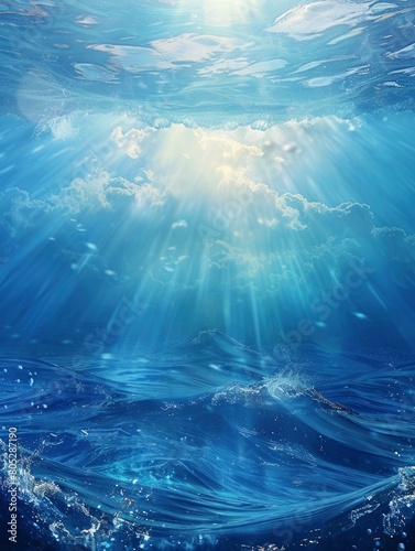 ocean blue underwater waves with sun beam clear view realistic, world oceans day poster and copy space - generative ai