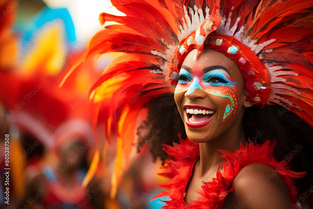 Portrait of happy black woman in the middle of a parade at carnival. Generated with AI.