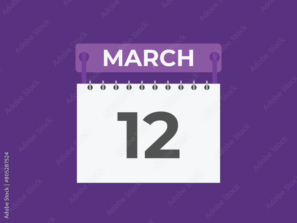 March 12 calendar reminder. 12 March daily calendar icon template. Calendar 12 March icon Design template. Vector illustration
March 12 calendar reminder. 12 March daily calendar icon template. Calendar 12 March icon Design template. Vector illustration