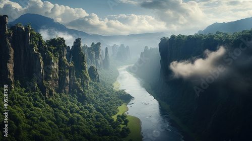 A Large Cliff With River and Big Mountain Peaks Seascape Background