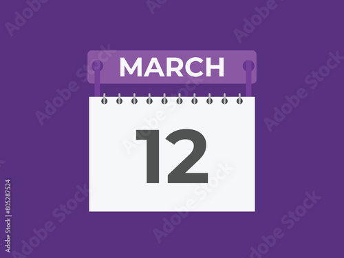March 12 calendar reminder. 12 March daily calendar icon template. Calendar 12 March icon Design template. Vector illustration
