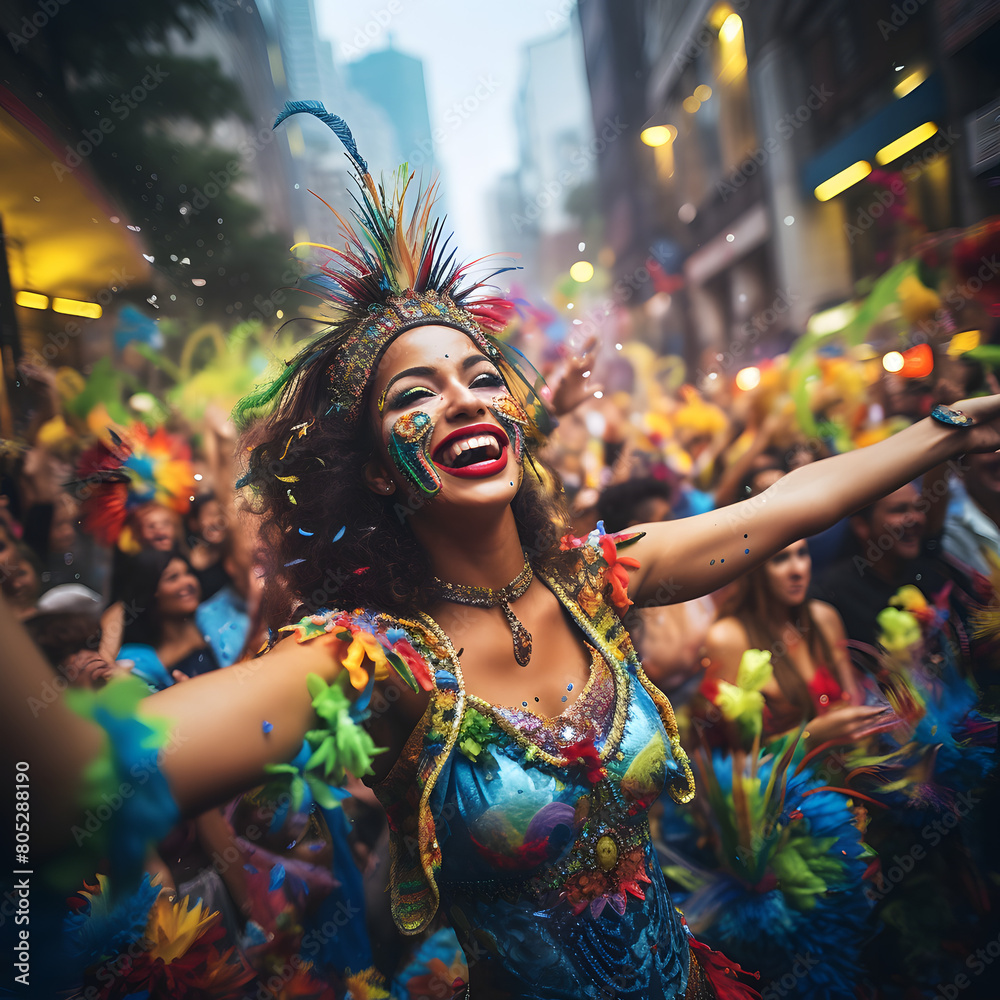 Portrait of happy white woman in the middle of a parade at carnival. Generated with AI. Portrait of happy white woman in the middle of a parade at carnival. Generated with AI.