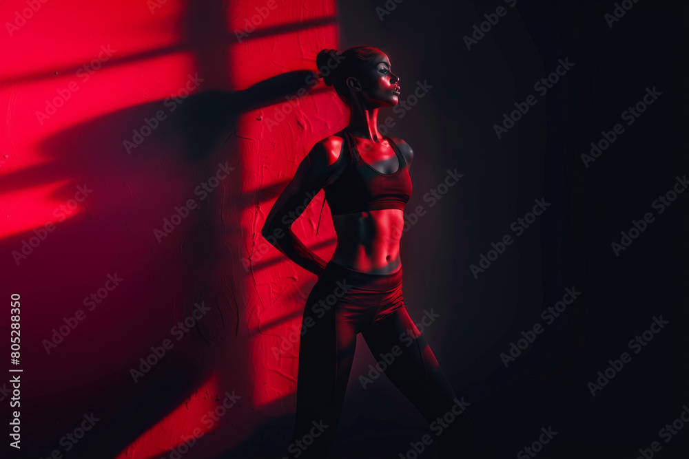 Powerful image of a fit woman posing confidently in a gym setting, highlighted by striking red and shadow contrast, exemplifying strength and determination Powerful image of a fit woman posing confidently in a gym setting, highlighted by striking red and shadow contrast, exemplifying strength and determination