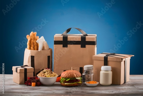 Organized food delivery setup on wooden surface, showcasing efficiency and variety photo