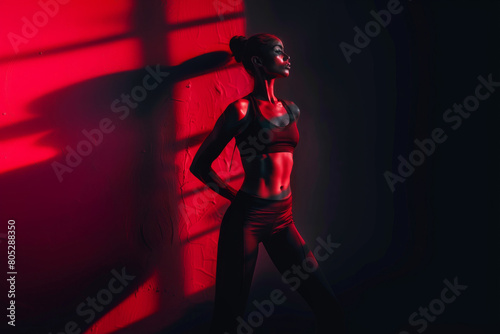 Powerful image of a fit woman posing confidently in a gym setting, highlighted by striking red and shadow contrast, exemplifying strength and determination