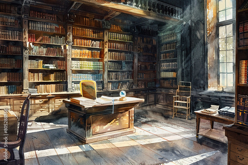 The quiet beauty of a library in watercolor a haven of books 